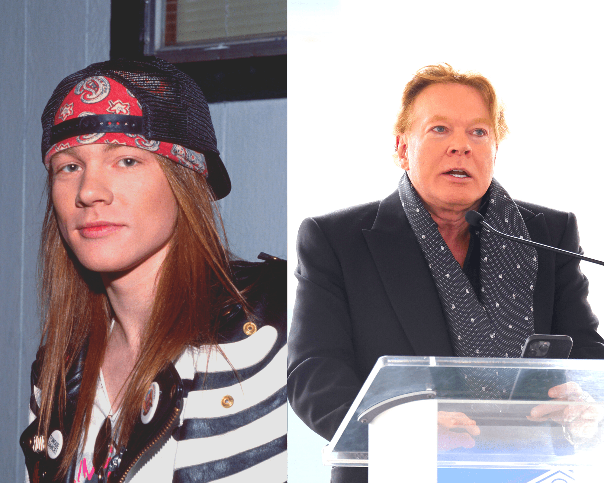Axl Rose in 1980 | Axl Rose delivering a speech on January 22, 2023 in Memphis, Tennessee | Getty Images 