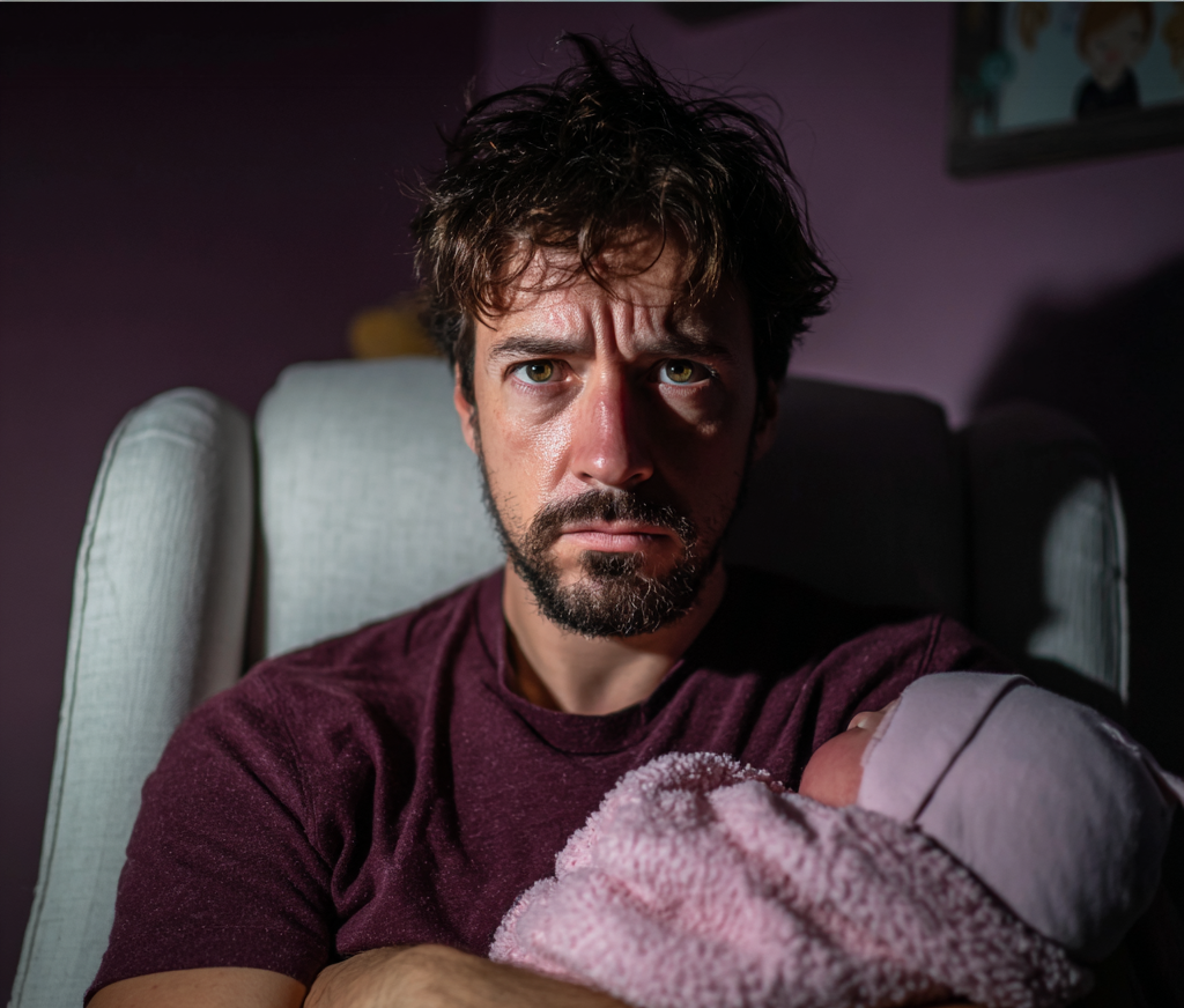 An exhausted man holding a baby | Source: Midjourney