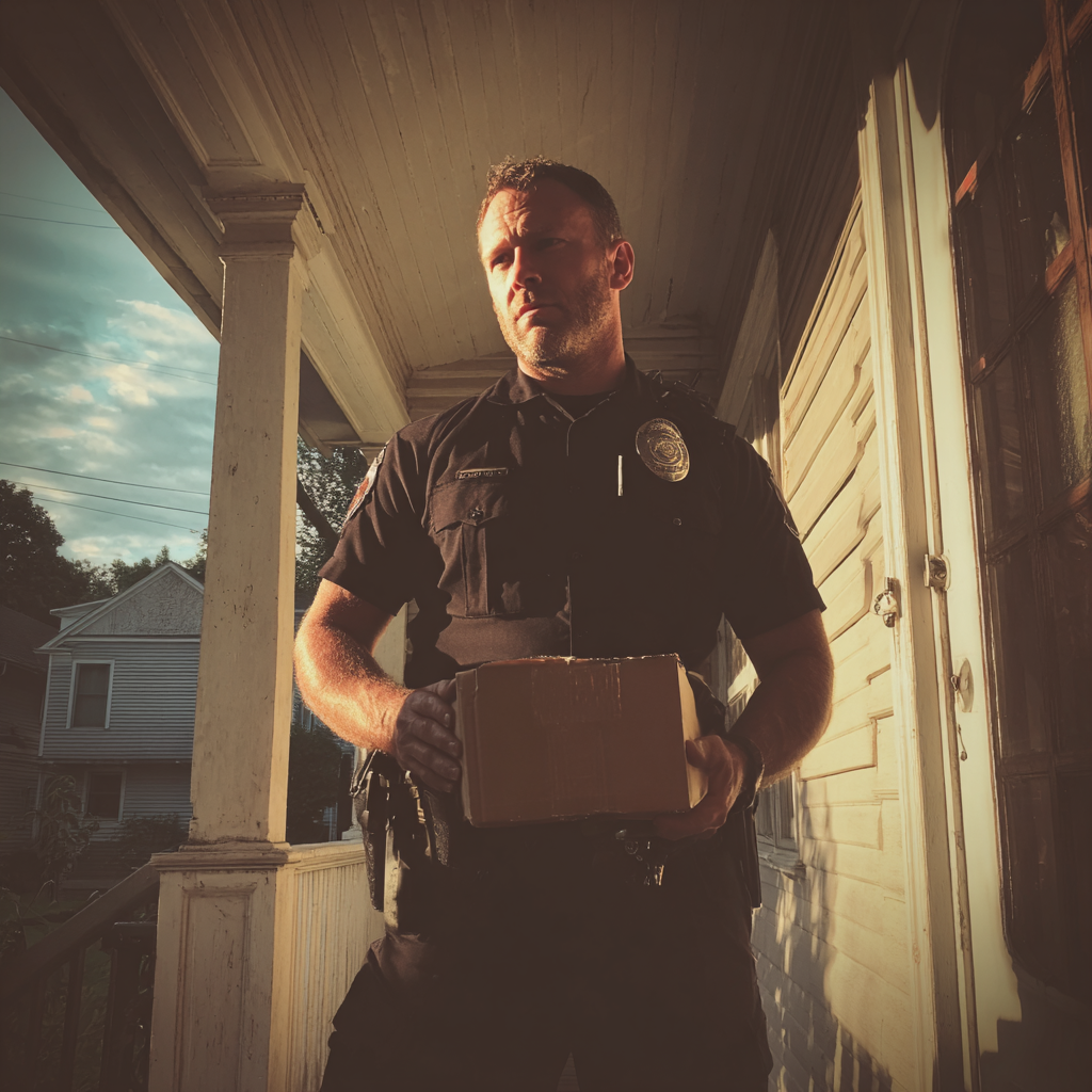A police officer holding a cardboard box | Source: Midjourney