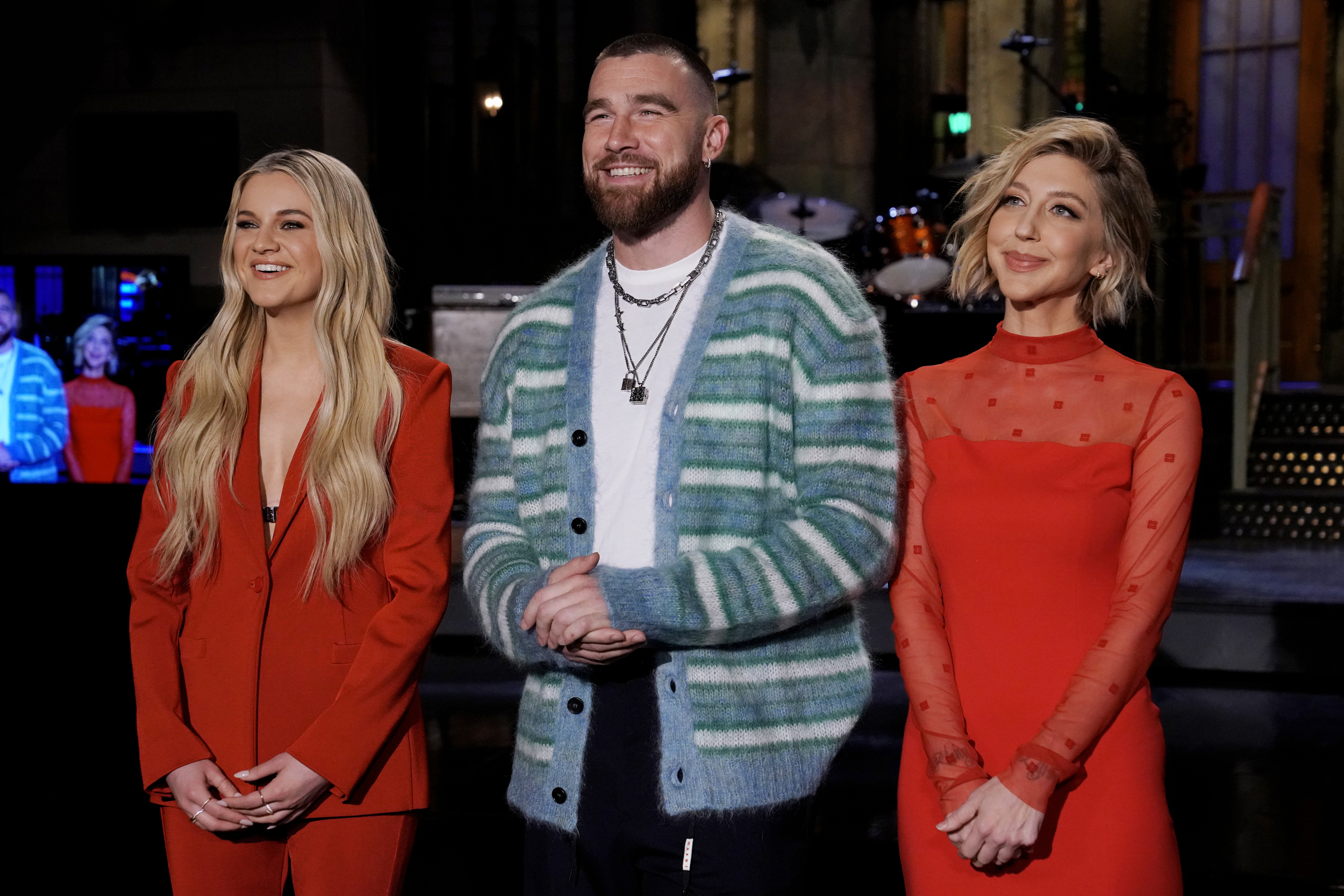 Kelsea Ballerini, host Travis Kelce, and Heidi Gardner in Studio 8H during Promos on Thursday, March 2, 2023 | Source: Getty Images