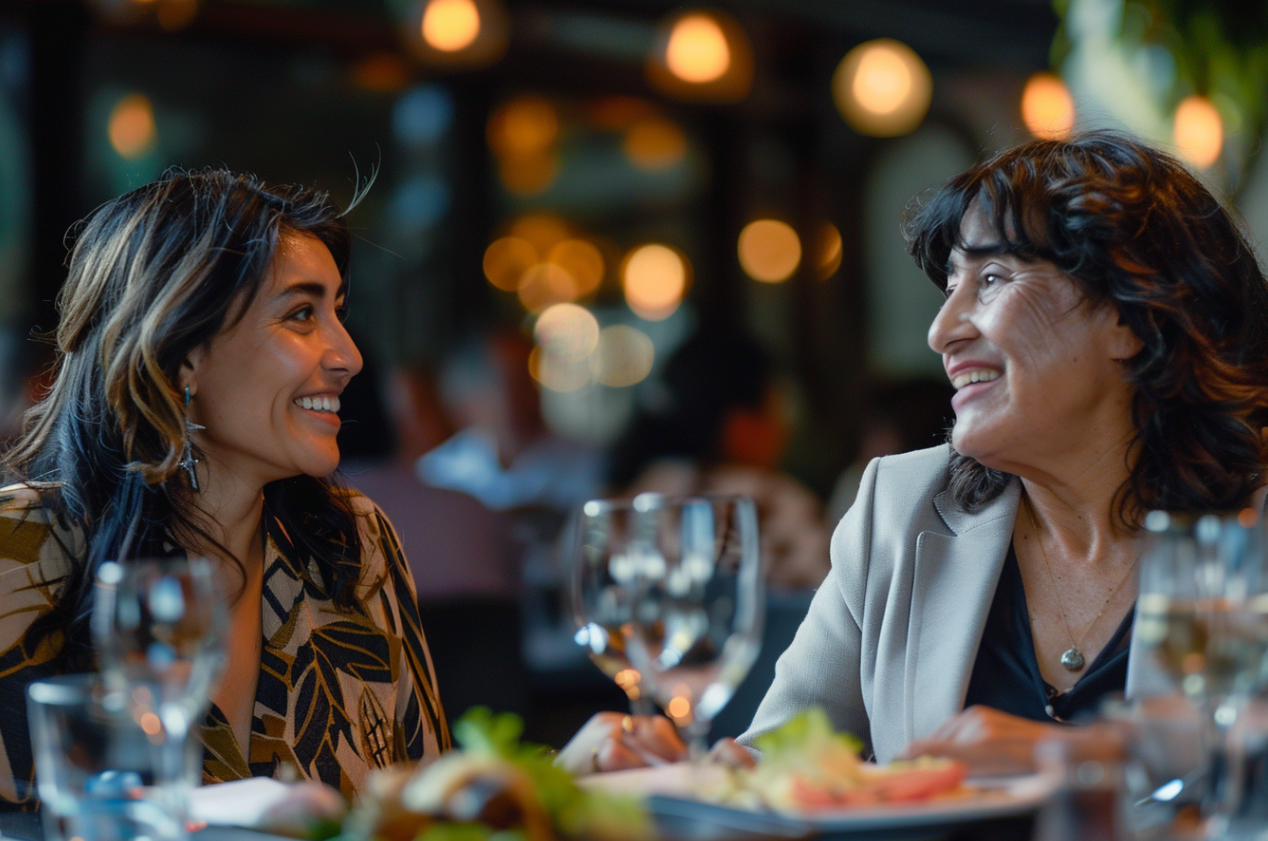 A woman eating a meal with her mother in a restaurant | Source: MidJourney