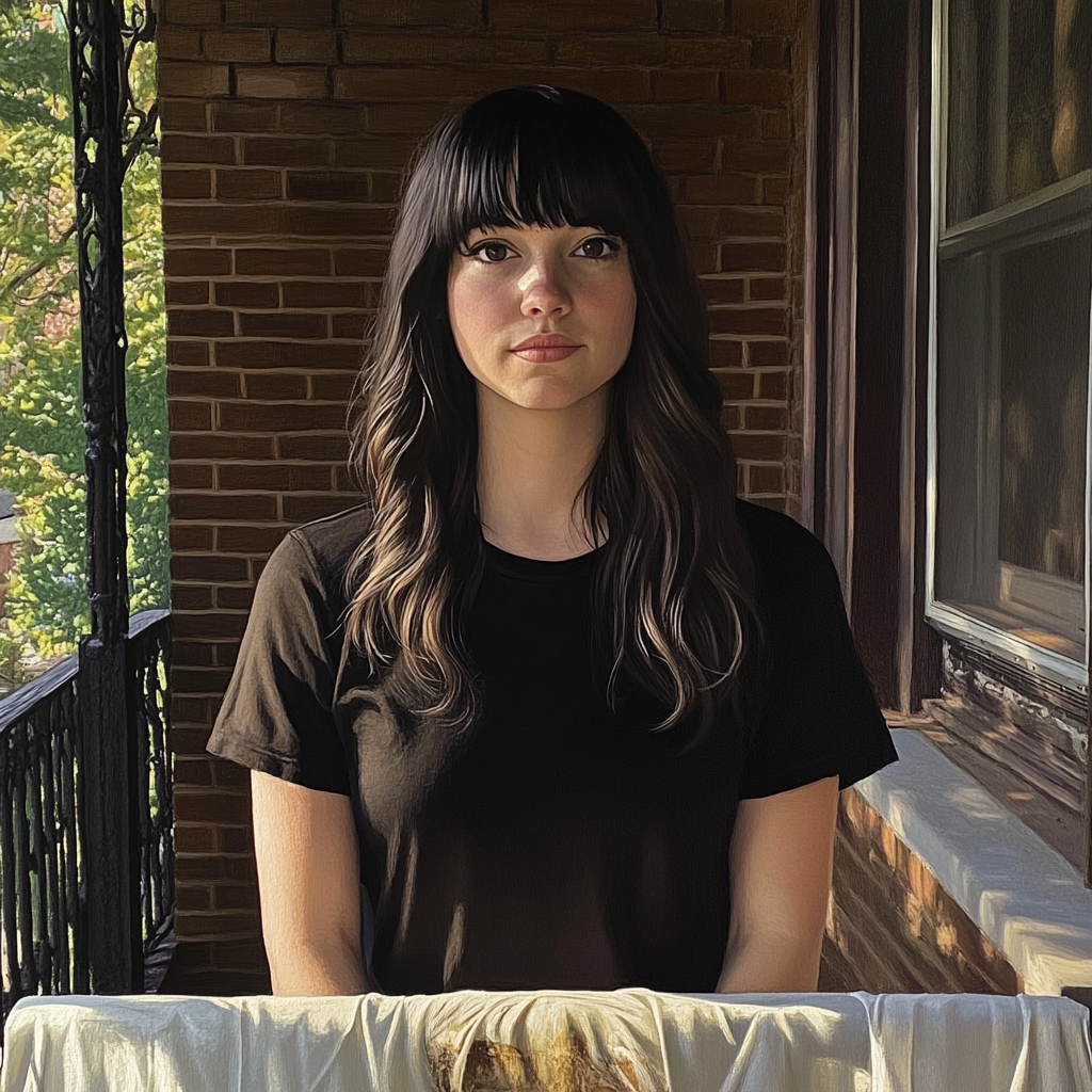 A woman standing on a porch with a covered canvas | Source: Midjourney