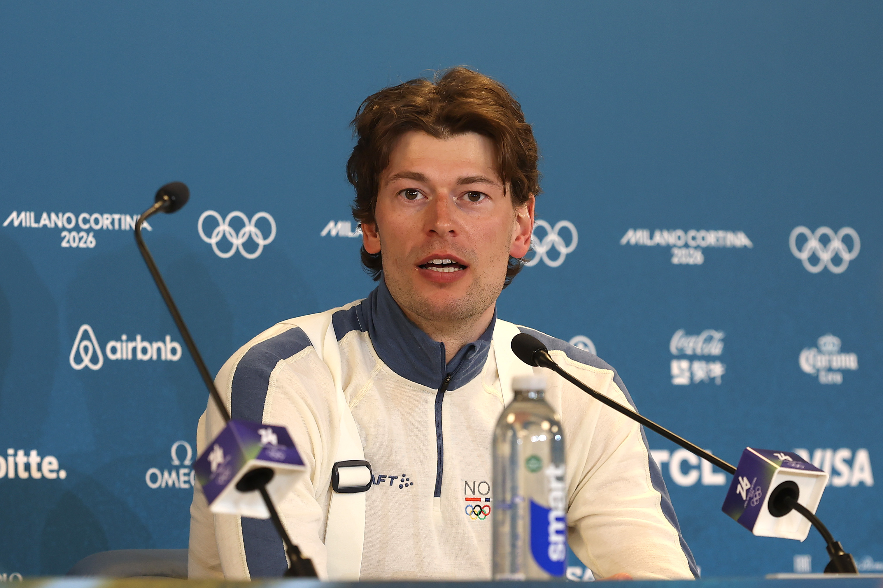 Sturla Holm Laegreid is in a press conference after the men’s 20km individual at the Milano Cortina 2026 Winter Olympic Games on February 10, in Antholz-Anterselva, Italy. | Source: Getty Images