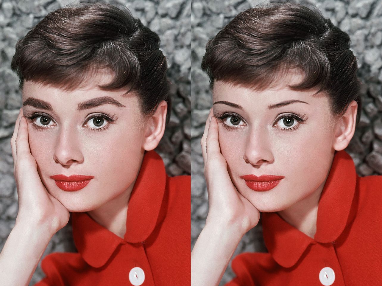 Audrey Hepburn's signature brows from the 1950s vs a digitally edited thin-brow look | Source: Getty Images