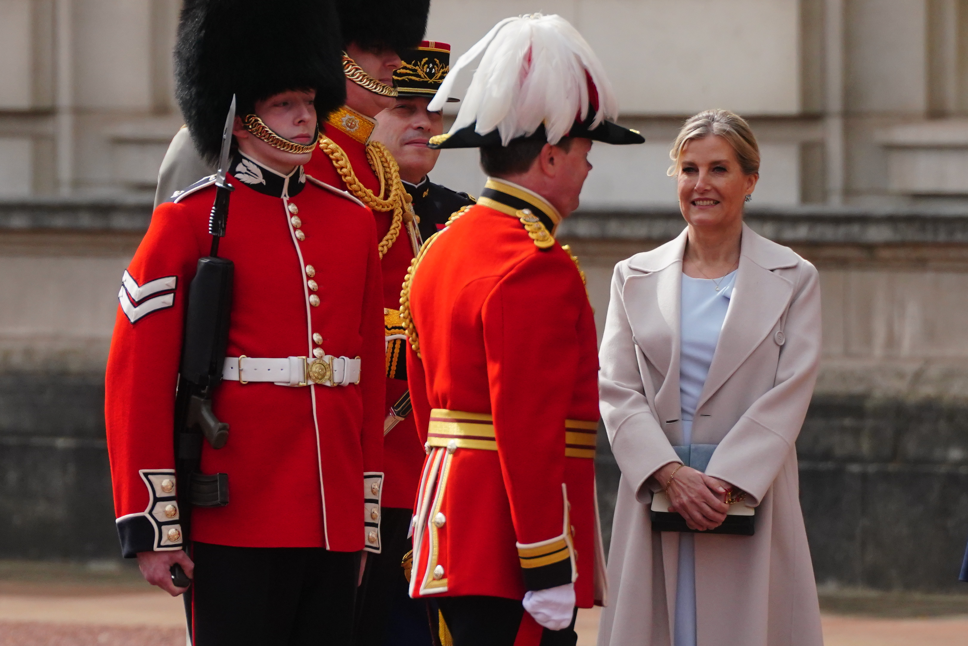 Sophie, Duchess of Edinburgh with guards at Buckingham Palace on April 8, 2024 in London, England | Source: Getty Images