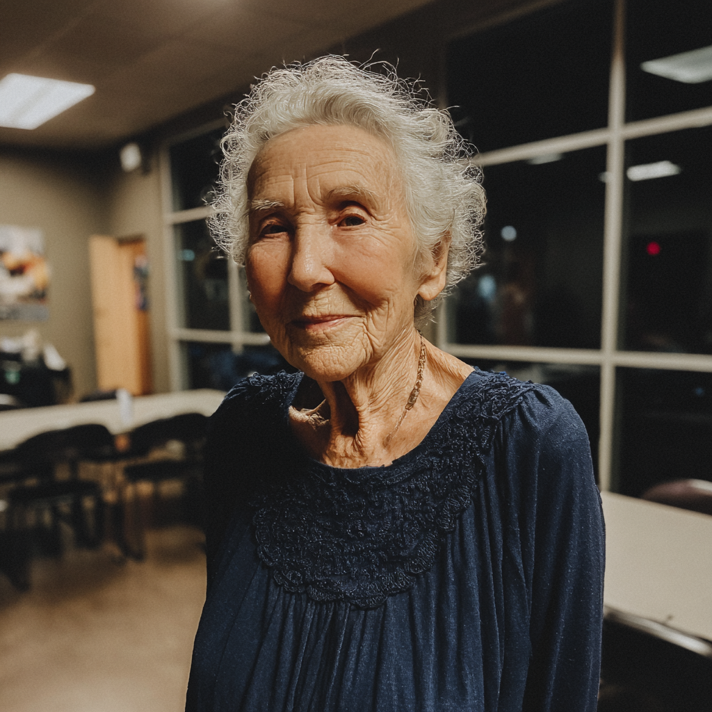 A smiling old woman wearing a blue dress | Source: Midjourney