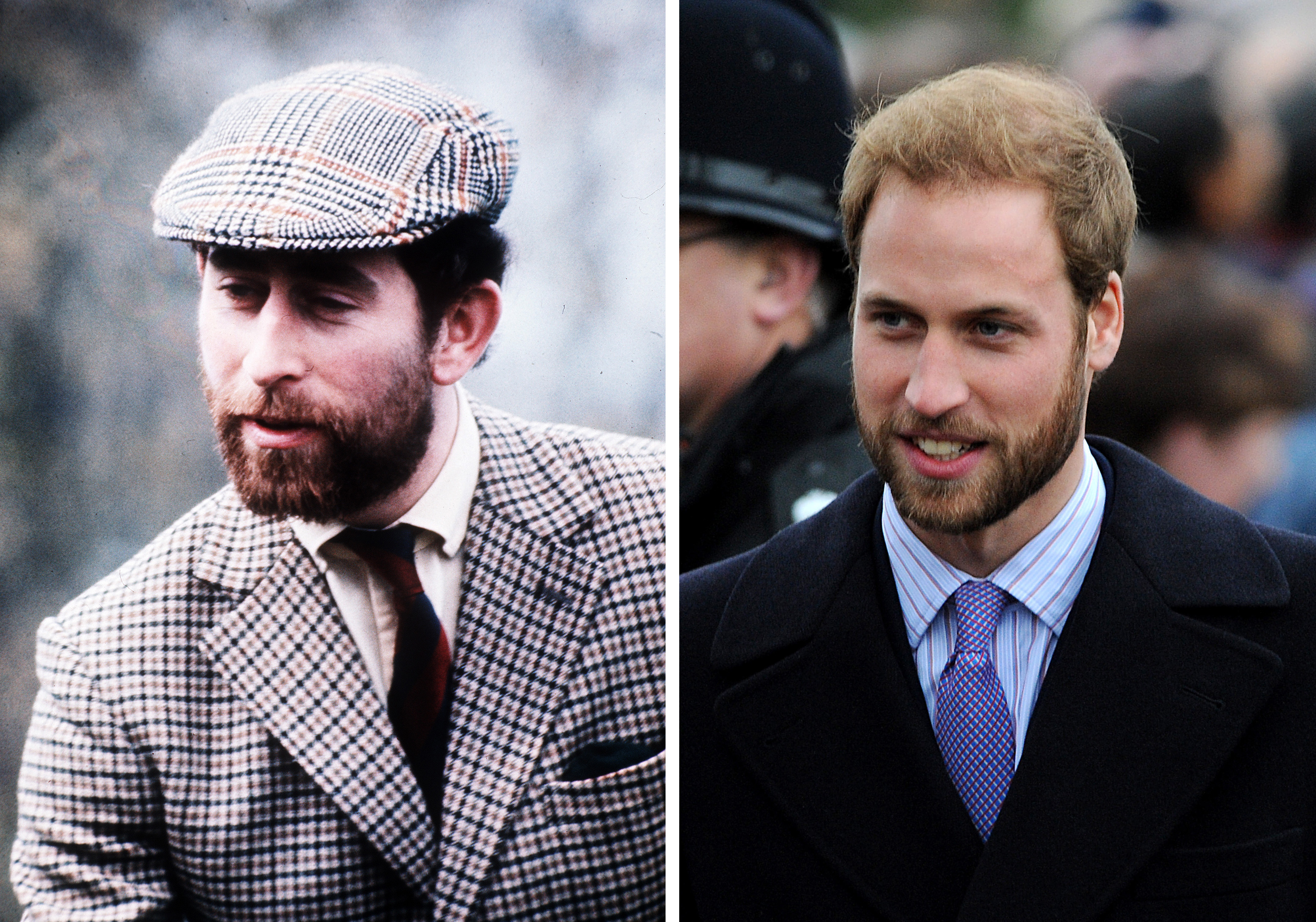 (L) A comparison between King Charles III in 1976 in Badminton, England and Prince William (R) as he attends the Christmas Day service at St Mary Magdelene Church on December 25, 2008 in Sandringham, England. | Source: Getty Images