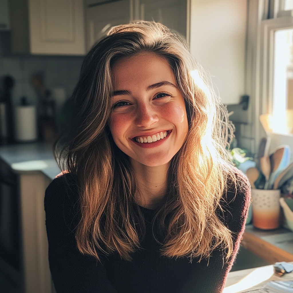 A smiling woman in her kitchen | Source: Midjourney