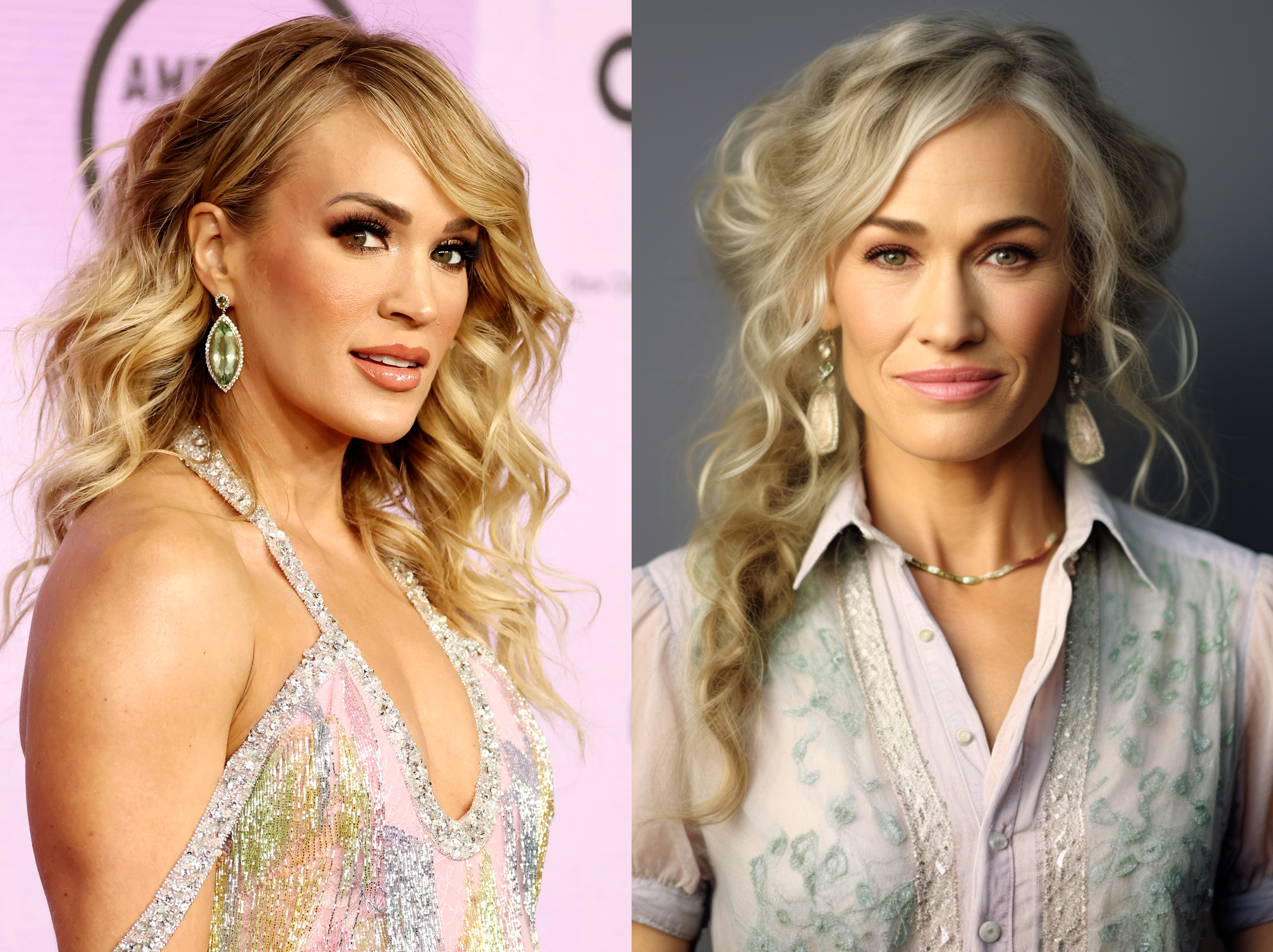Carrie Underwood at the American Music Awards in Los Angeles, California on November 20, 2022 | How Carrie Underwood might look at 70 via AI | Sources: Getty Images | Midjourney