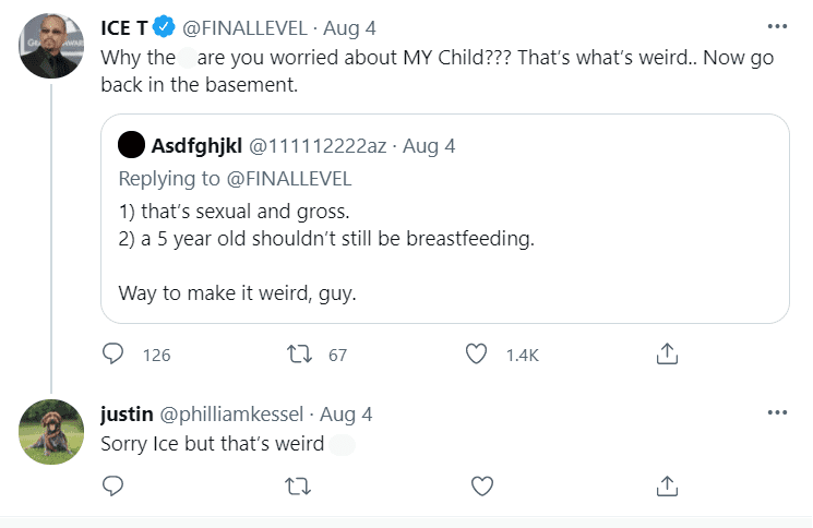 Ice T interacting with a Twitter user who criticized his wife for breastfeeding their daughter | Source: twitter.com/finallevel