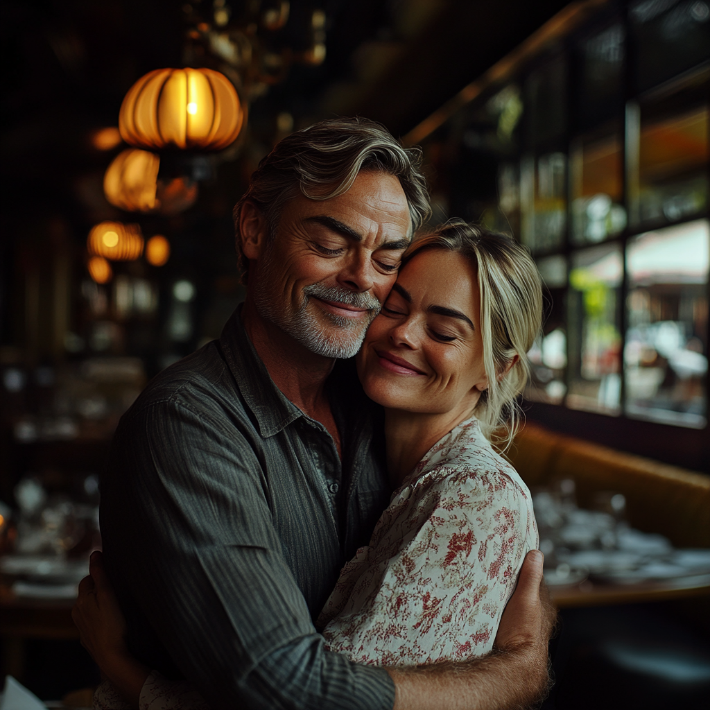 A middle-aged man hugs his stepdaughter in a restaurant | Source: Midjourney