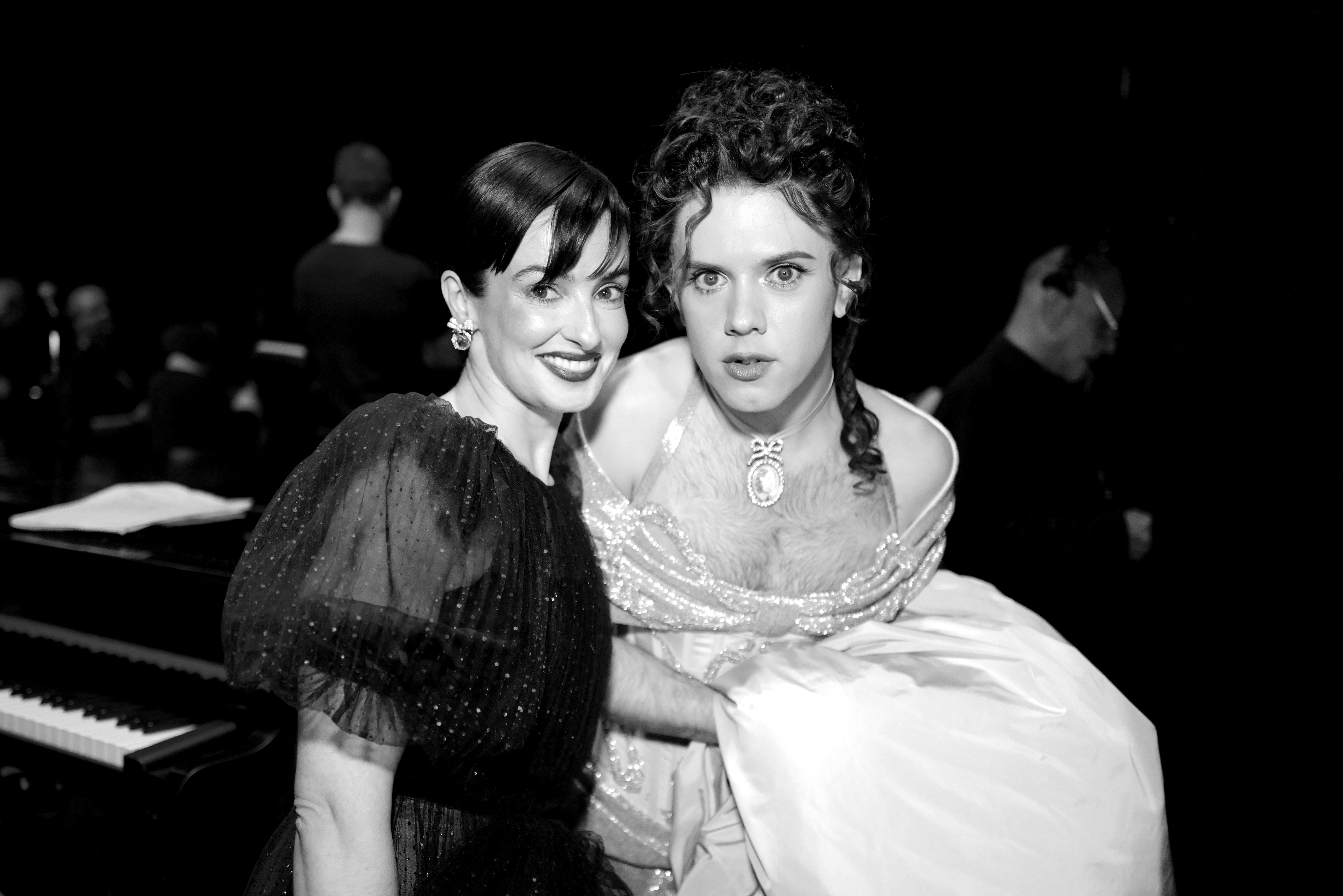 Cole Escola with Laura Donnelly in a black-and-white photo at the 78th Annual Tony Awards at Radio City Music Hall in New York City on June 8, 2025.