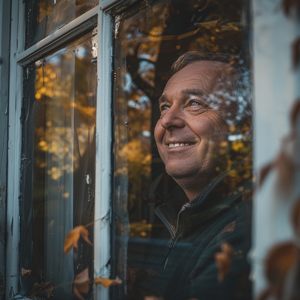 A man laughs while peeking through the window of his house | Source: Midjourney