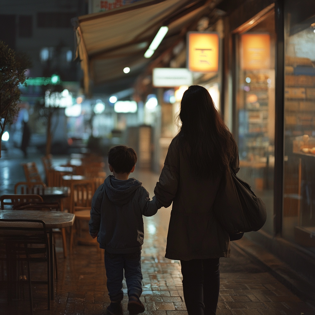 Mother and son walking outside an empty restaurant | Source: Midjourney