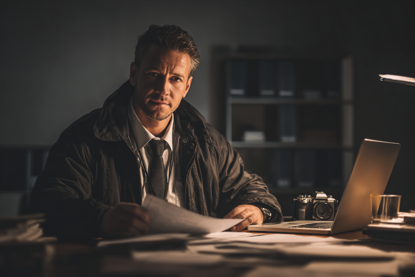 A private investigator sitting at his desk | Source: Midjourney