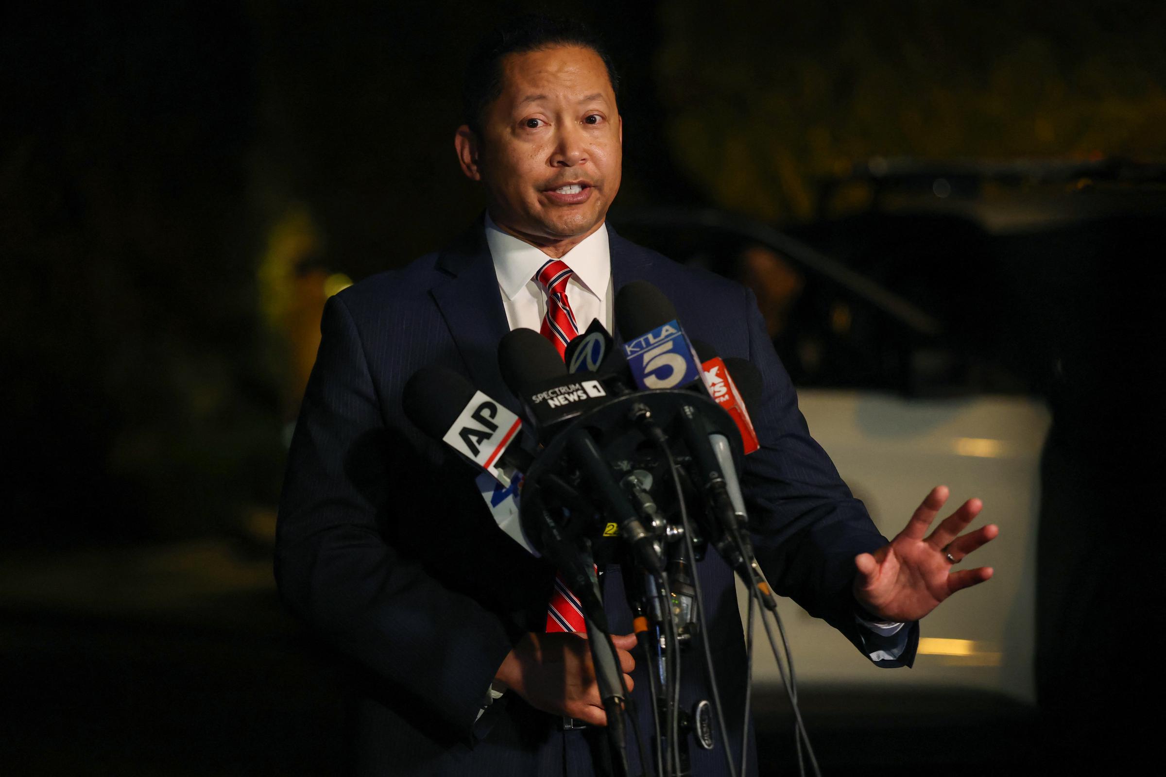 Los Angeles Police Department Deputy Chief Alan Hamilton briefs reporters about an investigation after two people were found dead inside US actor and director Rob Reiner's home in the Brentwood on December 14, 2025