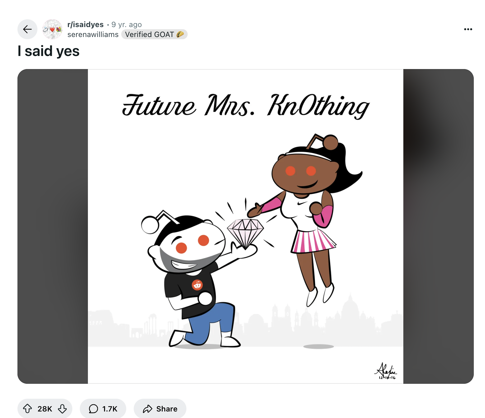 An illustration of Alexis Ohanian proposing to Serena Williams from a post dated December 29, 2016. | Source: Reddit/serenawilliams