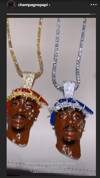 The "twin Jesus pieces" owned by Drake to honor Tupac Shakur, as he shared in social media in July 2020. I Image: Instagram/ @champagnepapi  