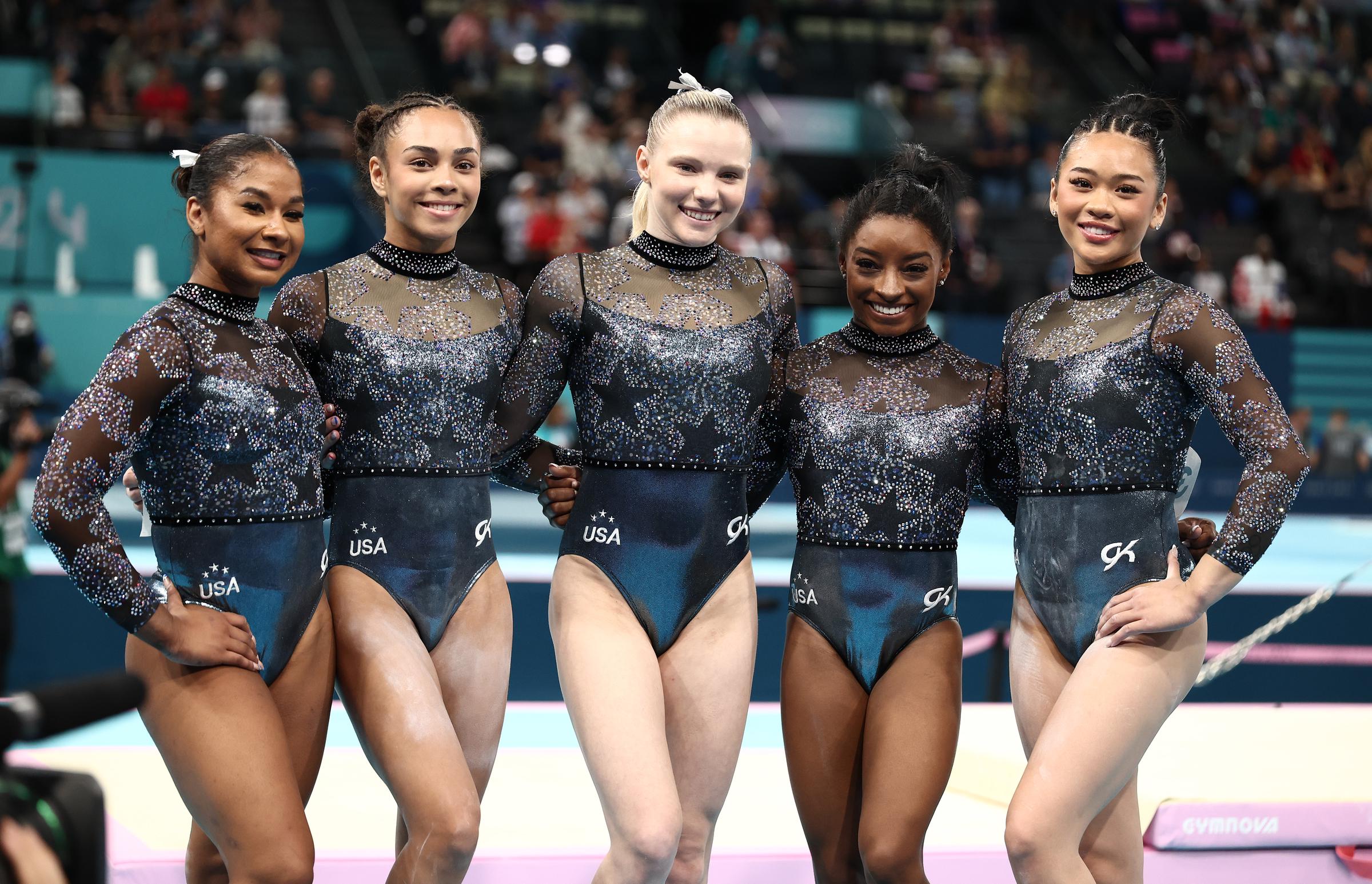 Jordan Chiles, Hezly Rivera, Jade Carey, Simone Biles, and Sunisa Lee during the Artistic Gymnastics Women's Qualification at the Olympic Games Paris 2024 in Paris, France, on July 28, 2024. | Source: Getty Images