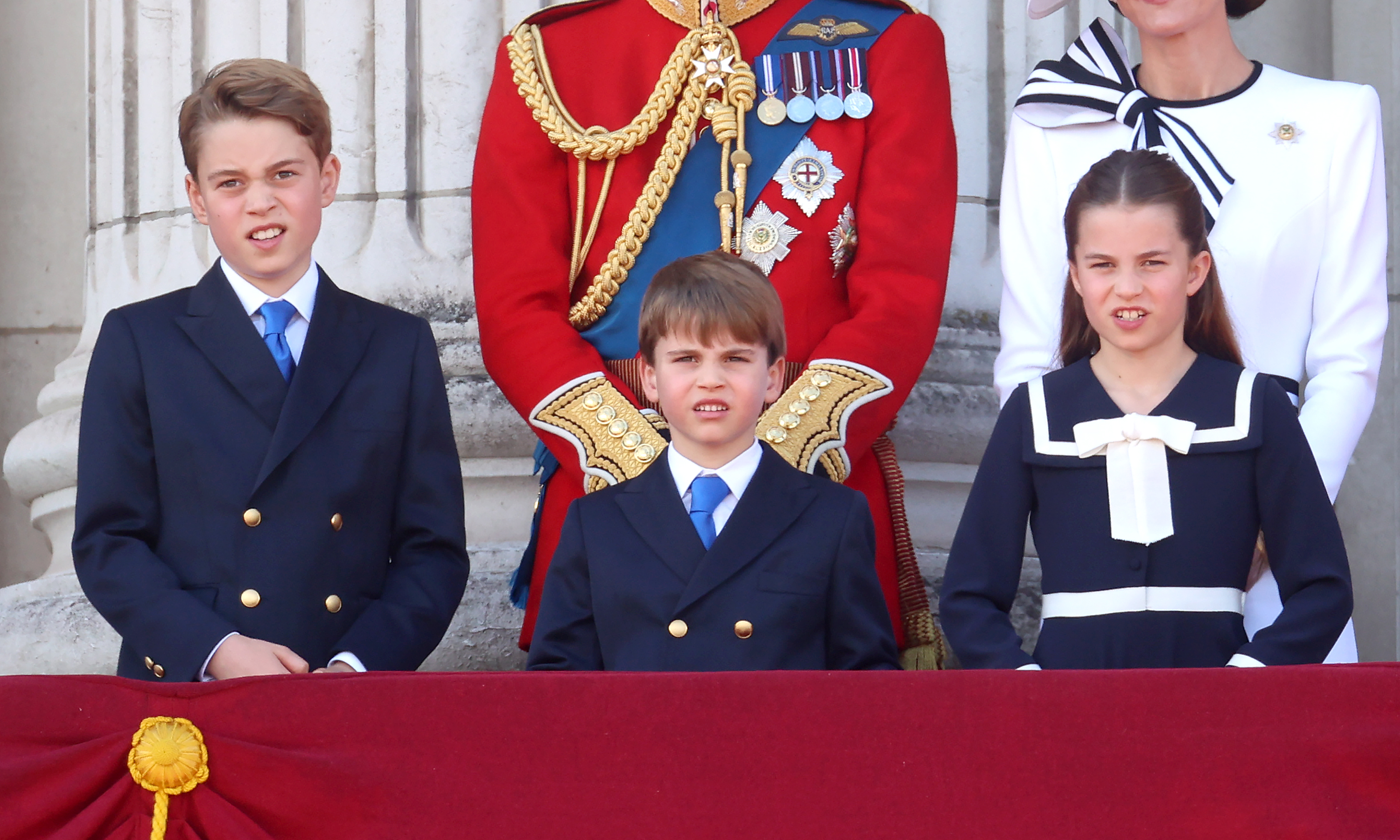 Prince George, Prince William, Prince Louis, Catherine, Princess of Wales, and Princess Charlotte on the balcony during Trooping the Colour at Buckingham Palace on June 15, 2024, in London, England | Source: Getty Images