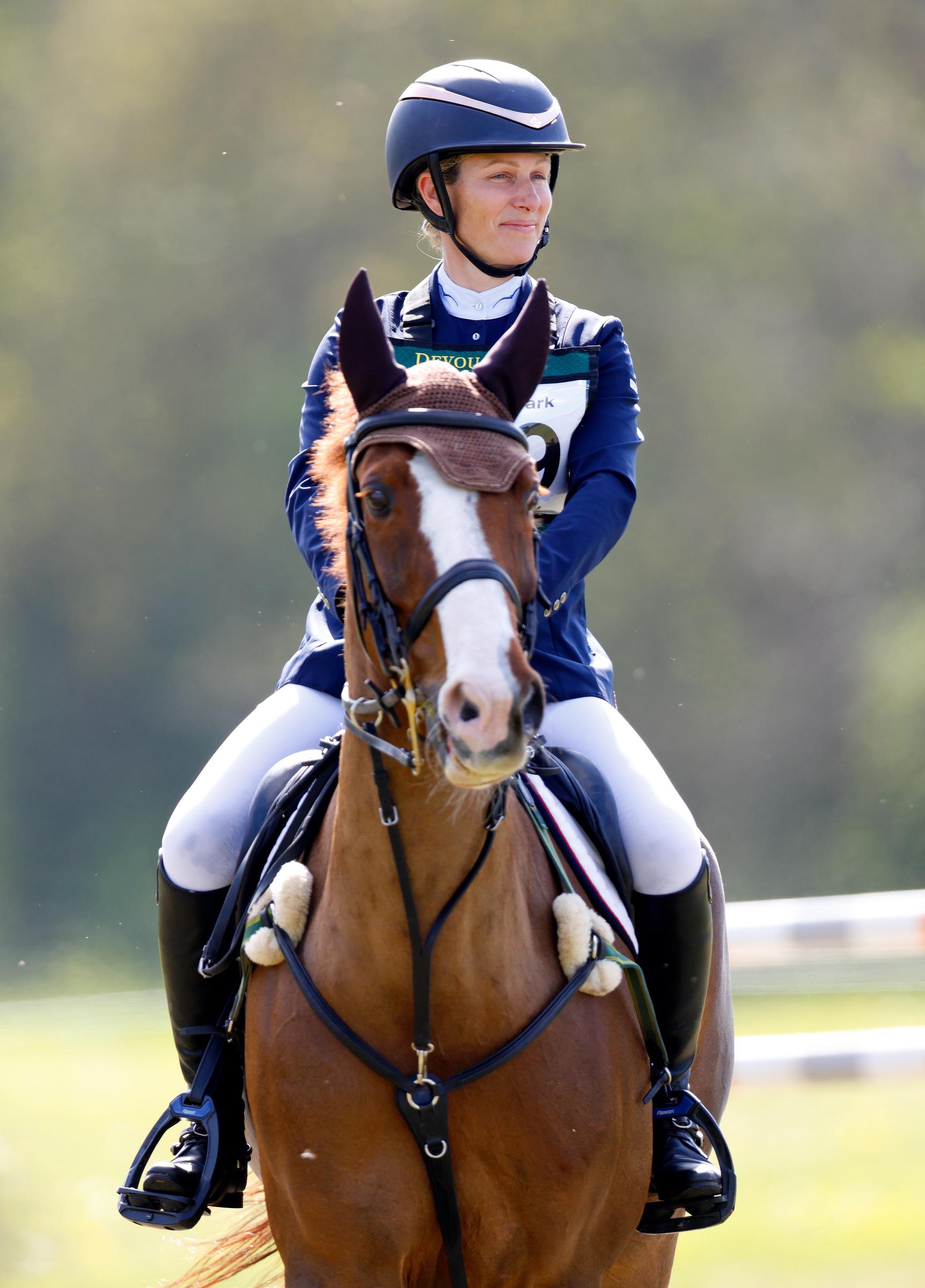 Zara Tindall waits to compete, on her horse "Class Affair", in the show jumping phase of the Cirencester Park Horse Trials on 27 April 2025 in Cirencester, England. | Source: Getty Images