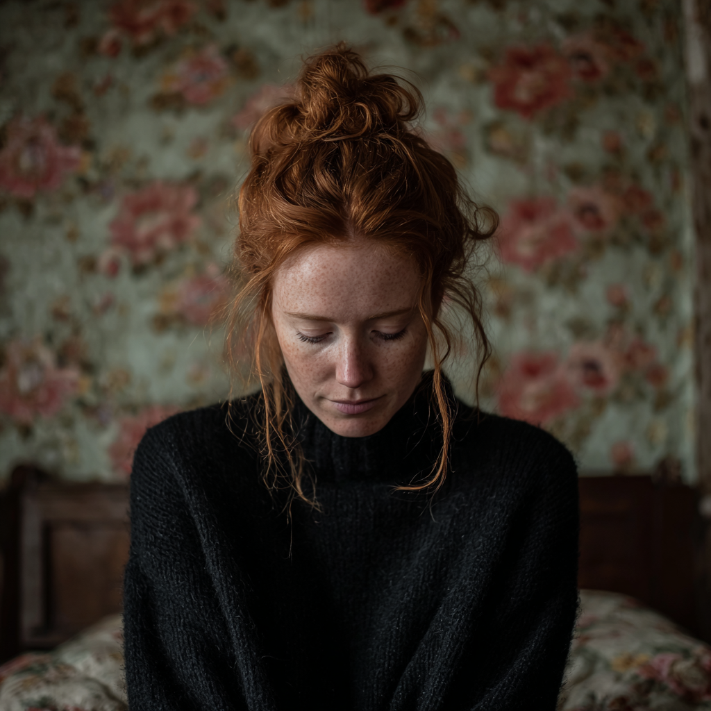 An emotional woman sitting on a bed | Source: Midjourney