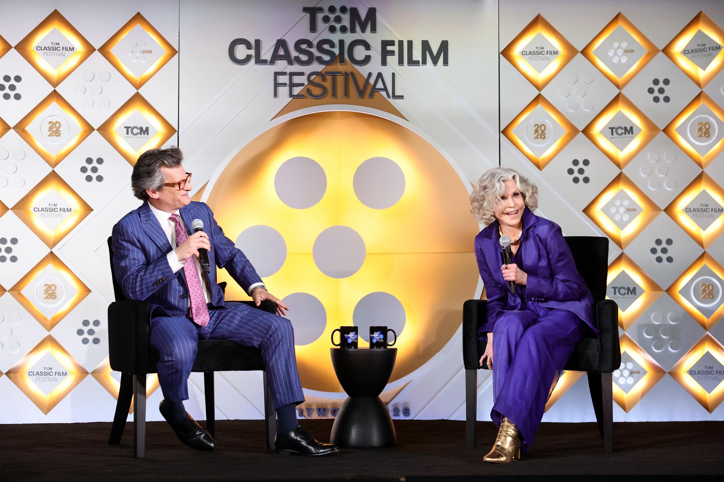 Jane Fonda and Ben Mankiewicz speak during the opening night of the TCM Classic Film Festival in Hollywood, California, on April 30, 2026 | Source: Getty Images