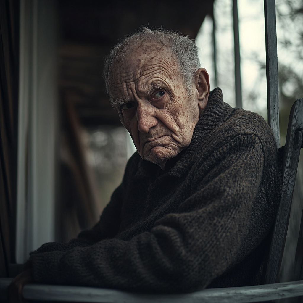 An angry elderly man on the porch | Source: Midjourney