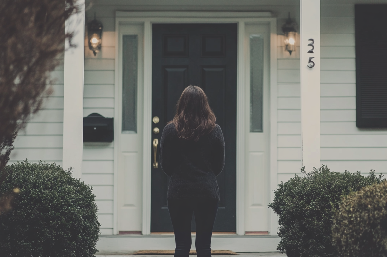 A woman standing on a front doorstep | Source: Midjourney