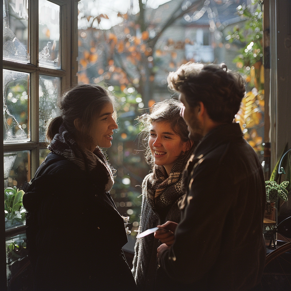 A man and two women conversing by a window | Source: Midjourney