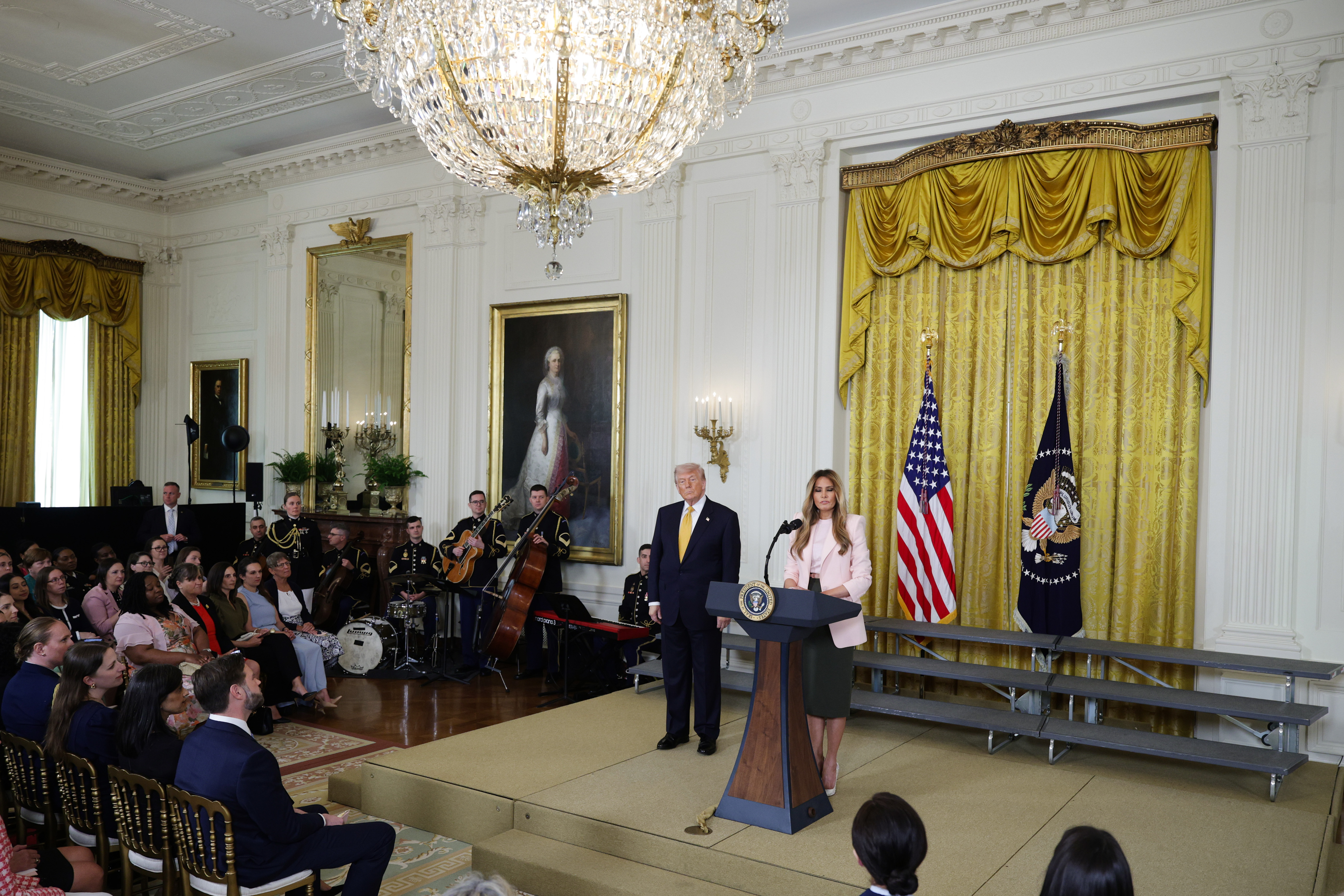 Melania Trump makes a statement alongside Donald Trump during a military mothers celebration at the White House on May 6, 2026, in Washington, DC | Source: Getty Images