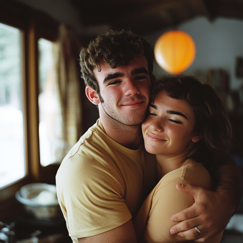 A man smiling and hugging his wife | Source: Midjourney