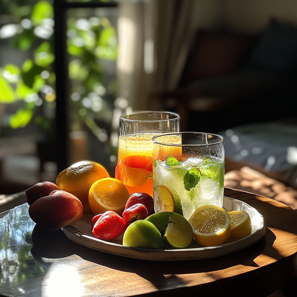 Fruit and beverages on a coffee table | Source: Midjourney