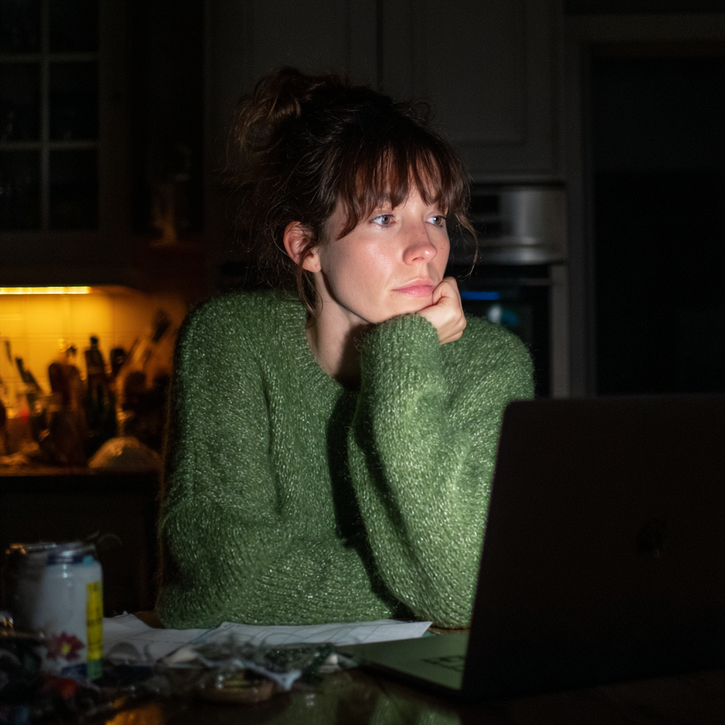 A woman sitting with her laptop at night | Source: Midjourney