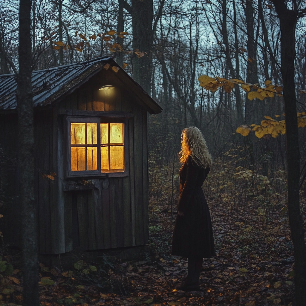 A woman in front of a shack in the woods | Source: Midjourney