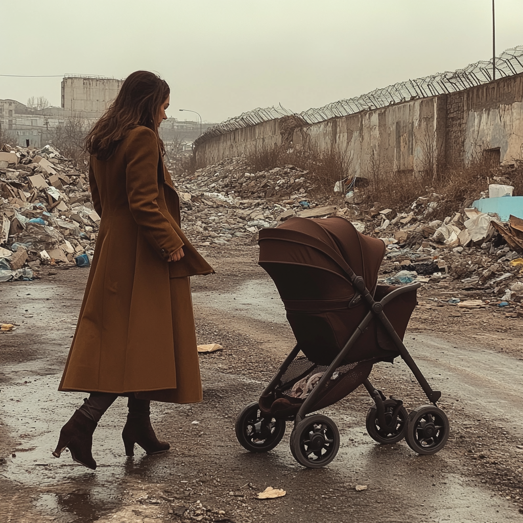 Wealthy woman abandoning a fancy stroller at a dumpsite | Source: Midjourney