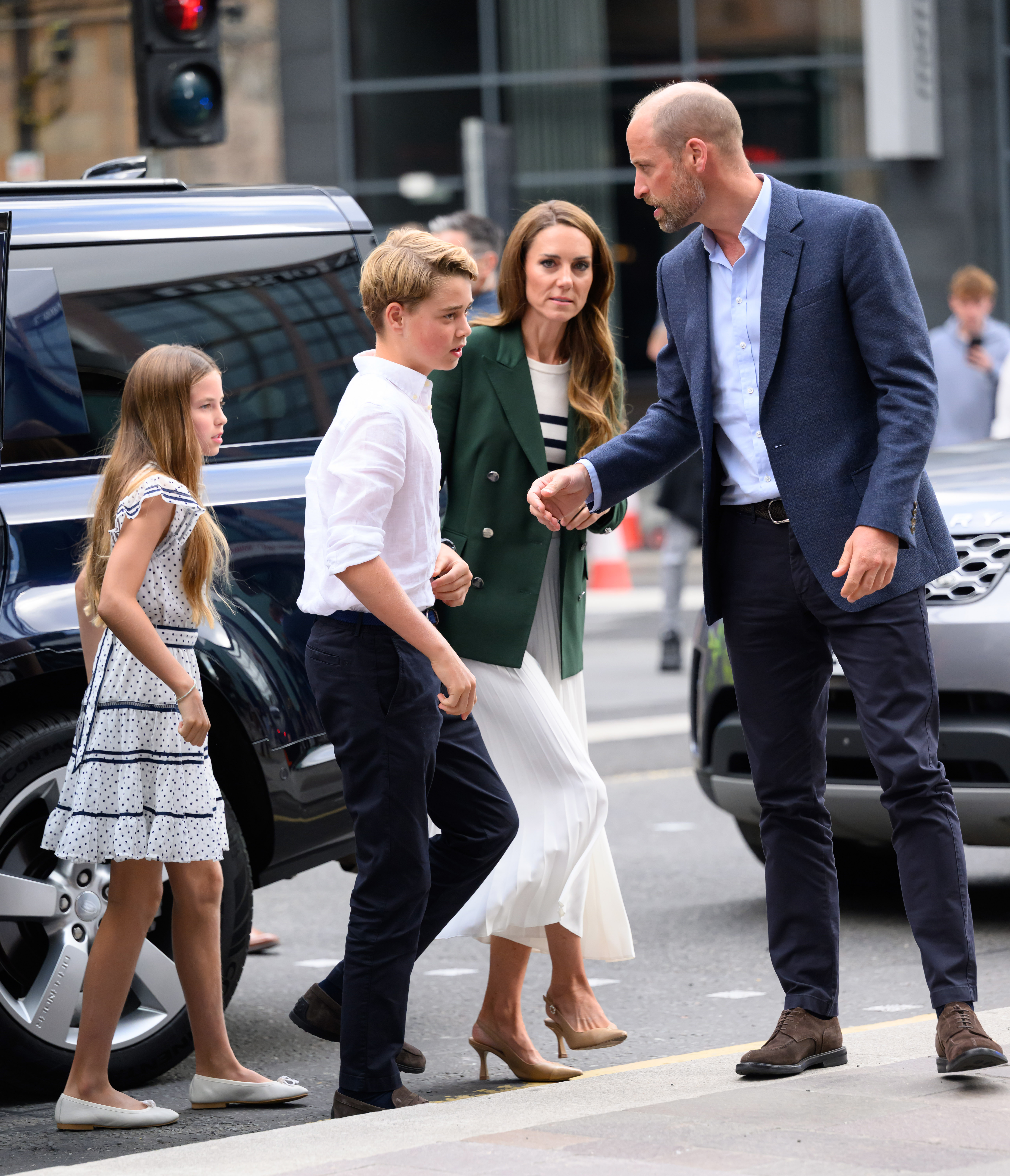 Prince William, Prince of Wales, Duke of Rothsay and Catherine, Princess of Wales, Duchess of Rothsay with Prince George, Princess Charlotte and Prince Louis arrive for the Glasgow 2026 Commonwealth Games at The Hydro on August 1 in Glasgow, Scotland. | Source: Getty Images