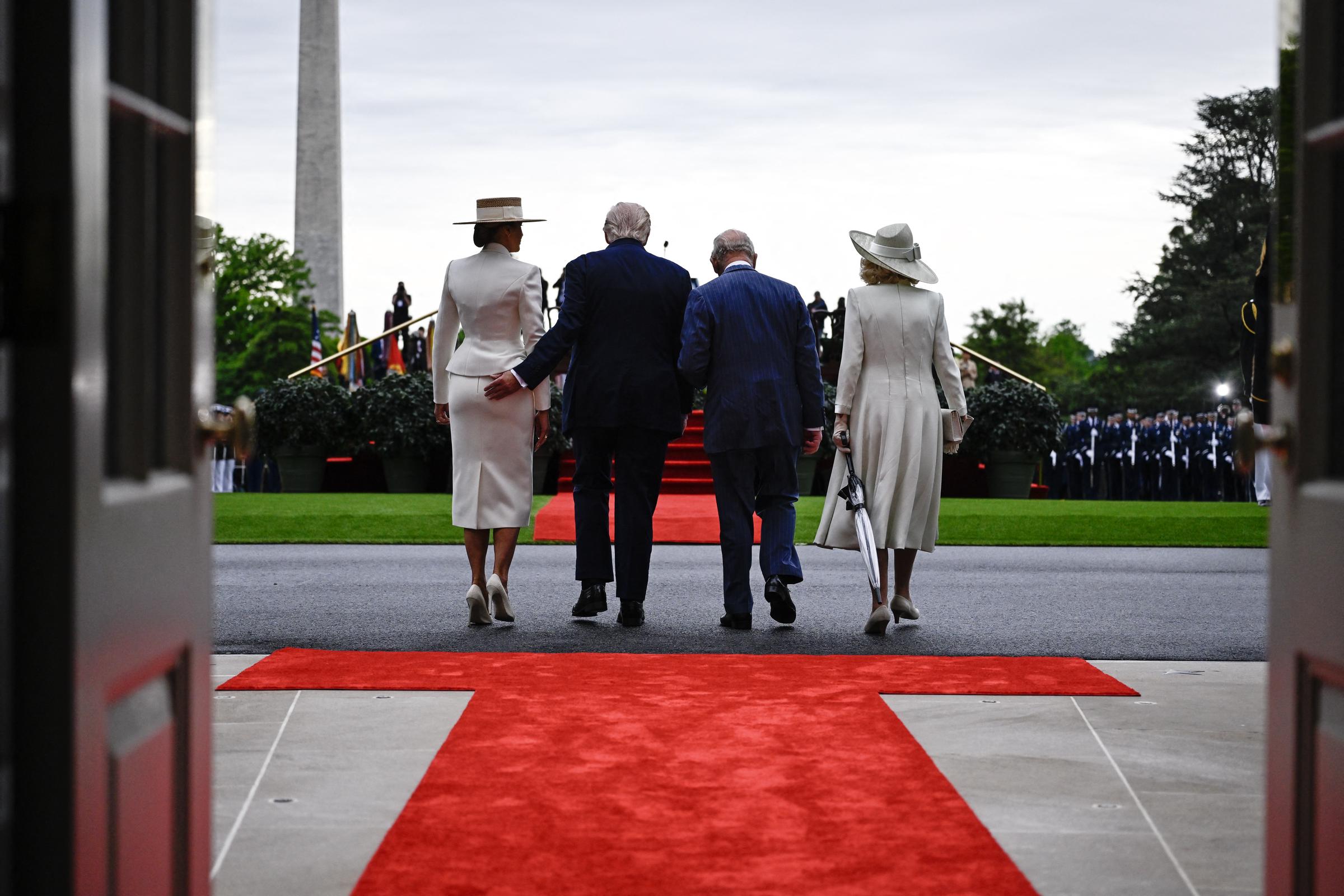 Donald Trump, Melania Trump, King Charles III, and Queen Camilla at an arrival ceremony on the White House South Lawn, April 28, 2026. | Source: Getty Images