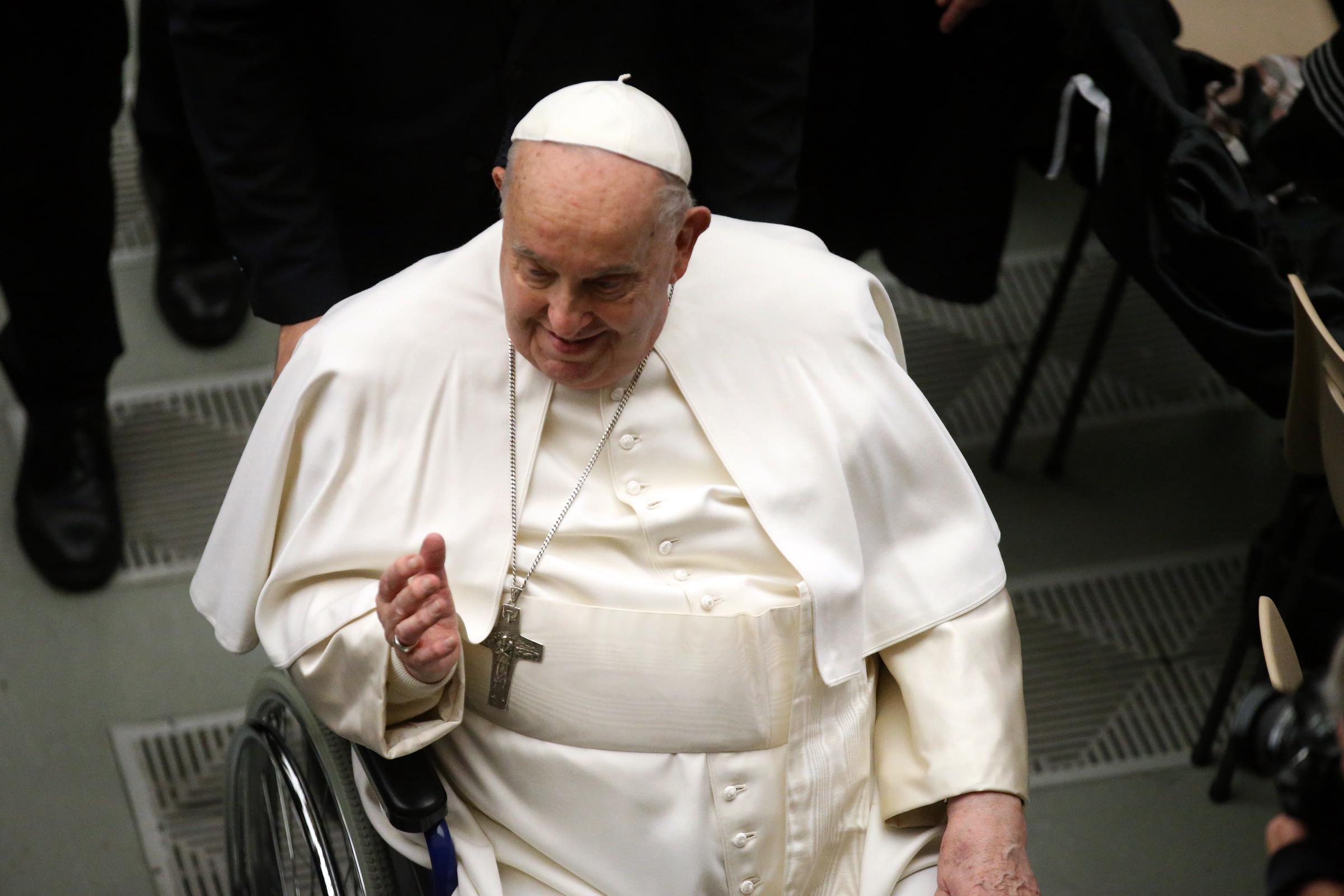 Pope Francis greeting crowds after addressing a special session held at the Paul VI Hall in Vatican City on January 25, 2025. | Source: Getty Images