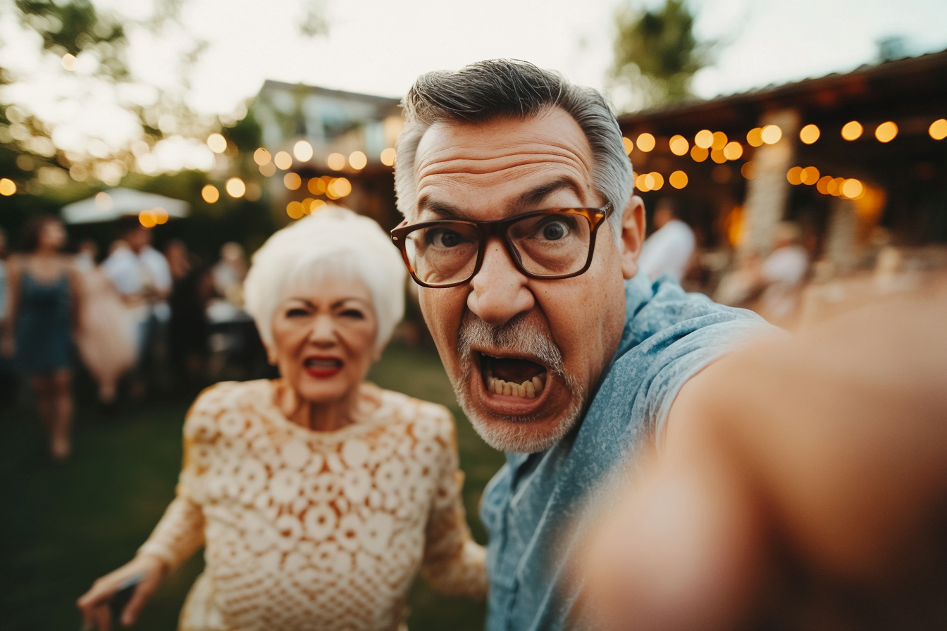 A middle-aged man in front of an older woman looking angry | Source: Midjourney