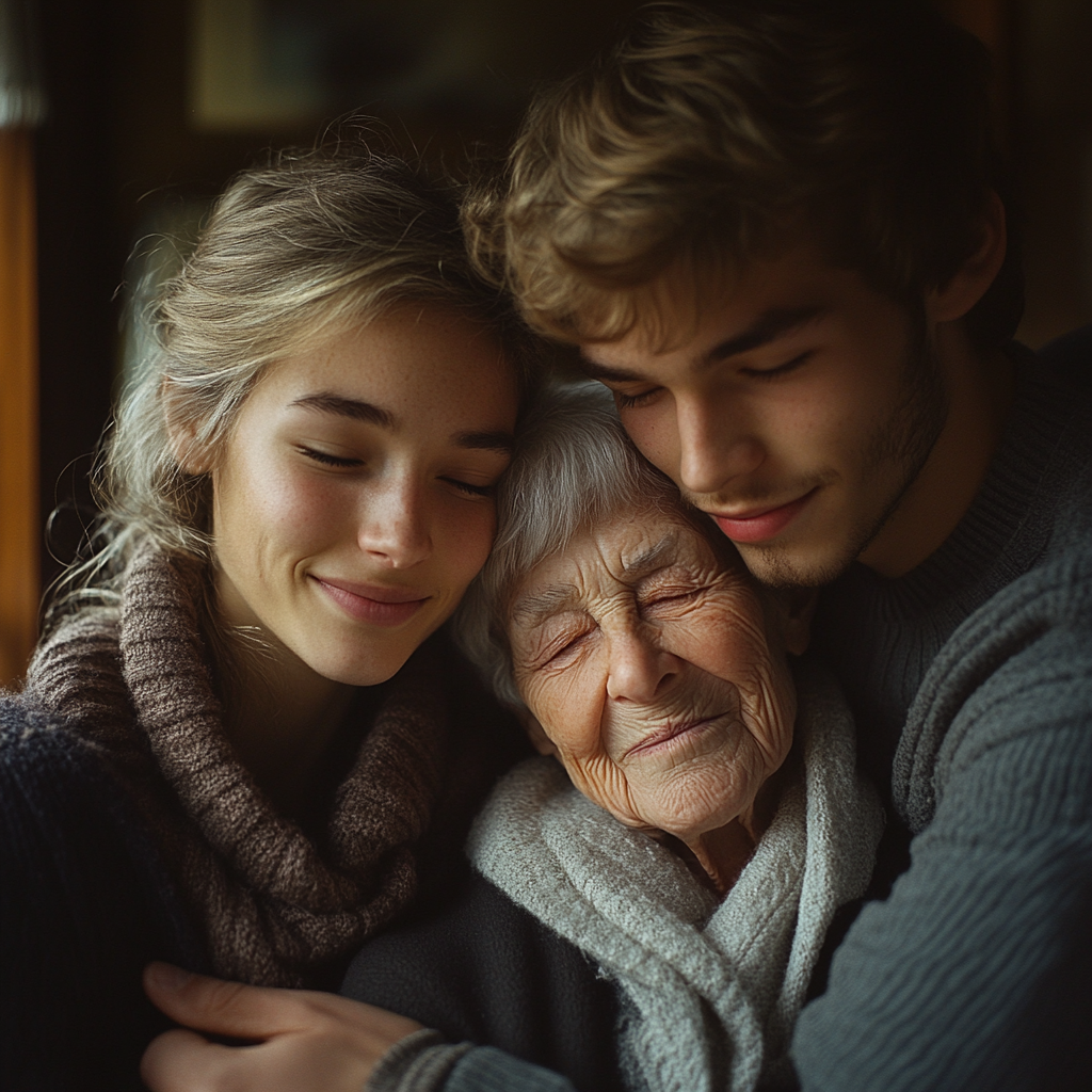 A young couple sharing a hug with an older woman | Source: Midjourney