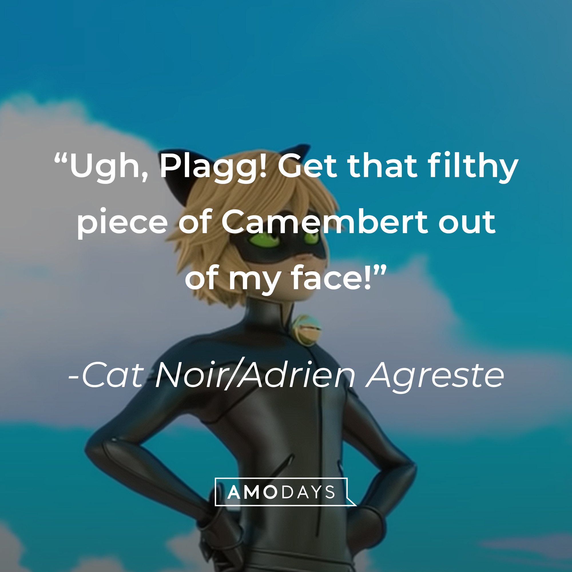 Cat Noir/Adrien Agreste’s quote: “Ugh, Plagg! Get that filthy piece of Camembert out of my face!” | Image: AmoDays 