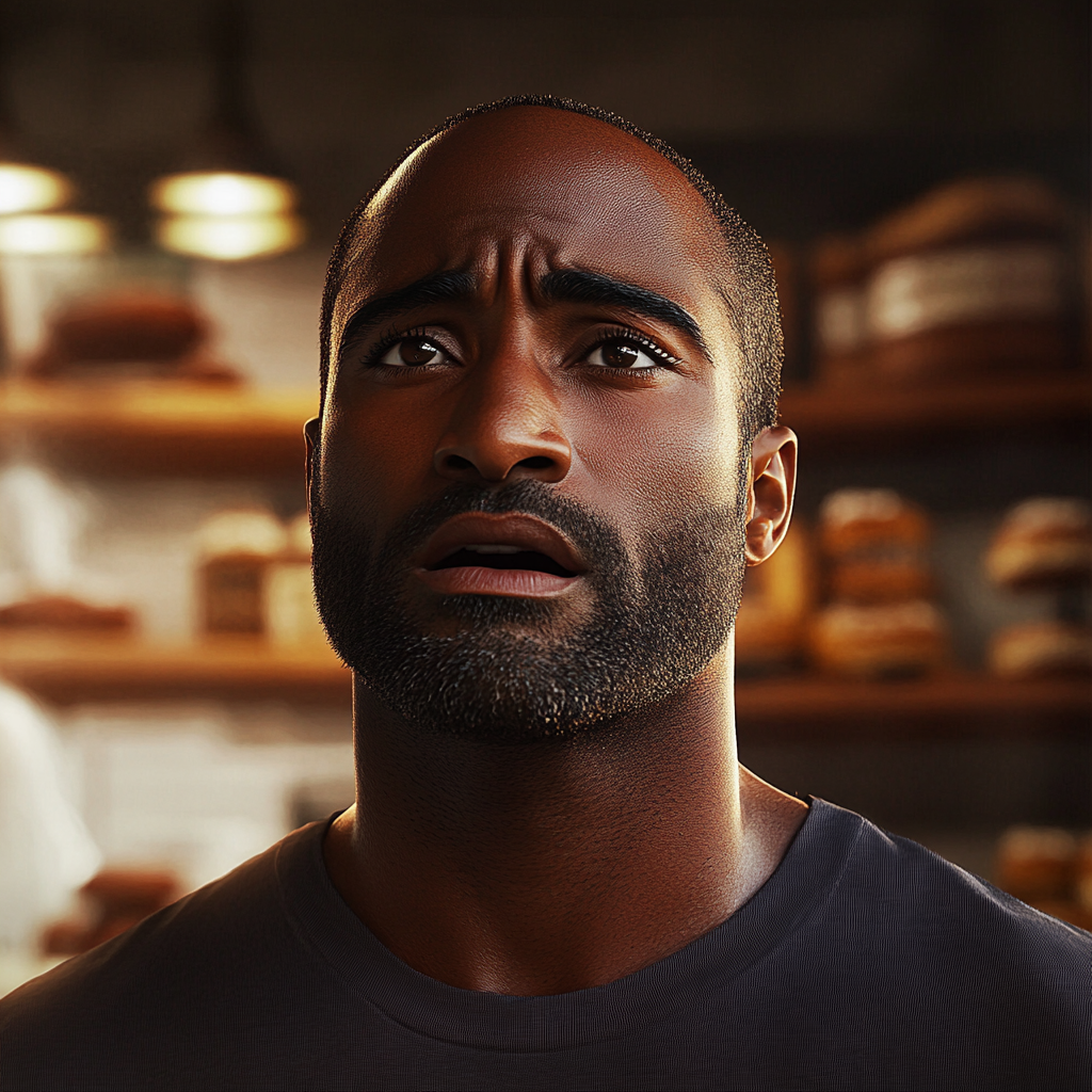 A worried man in a bakery | Source: Midjourney