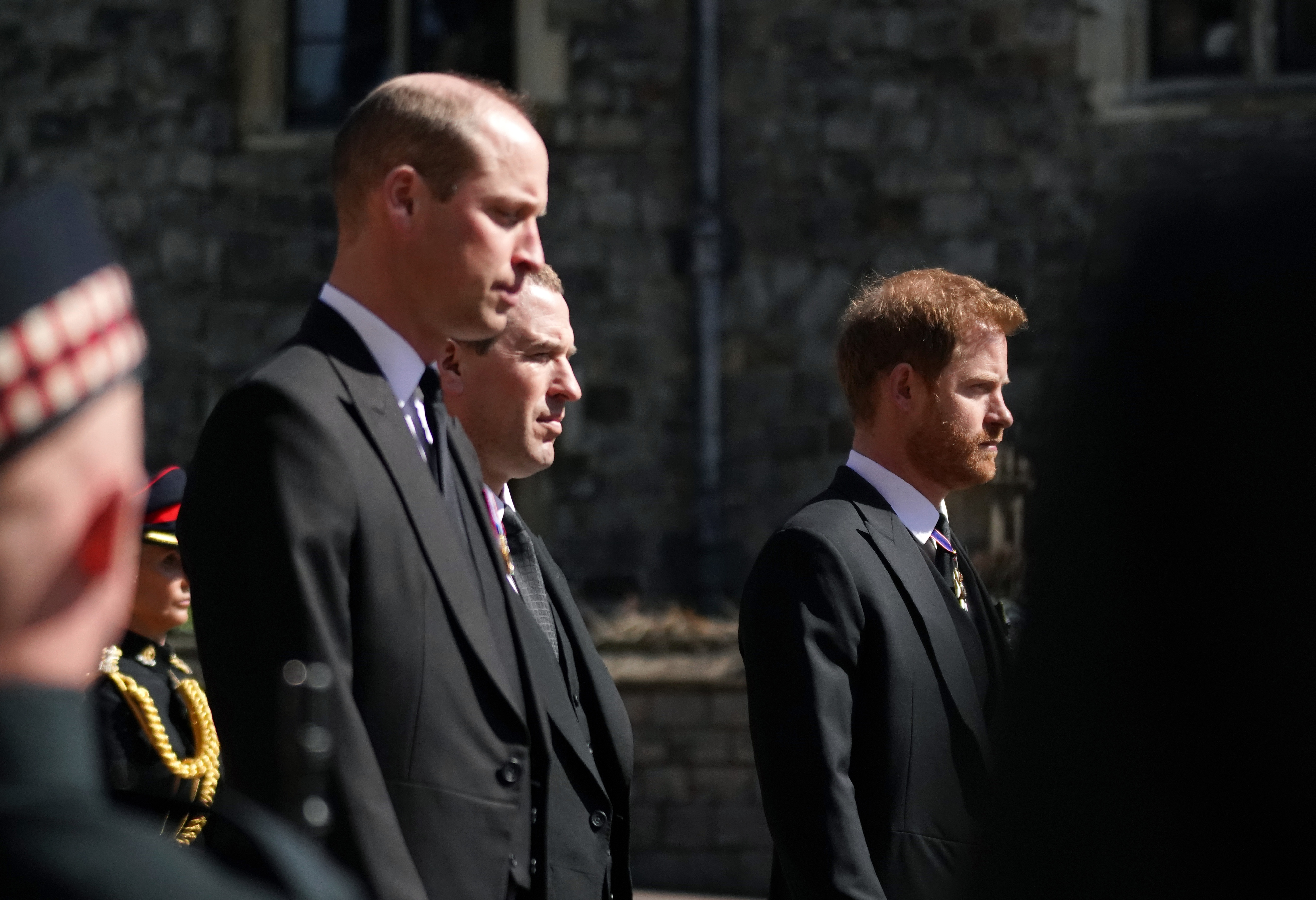 Prince William and Prince Harry with Peter Phillips at the funeral of Prince Philip, Duke of Edinburgh in Windsor, England on April 17, 2021 | Source: Getty Images