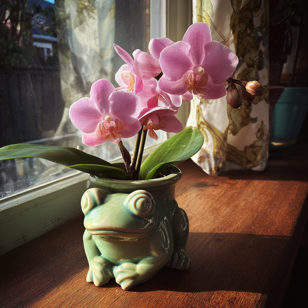 An orchid in a frog-shaped pot | Source: Midjourney