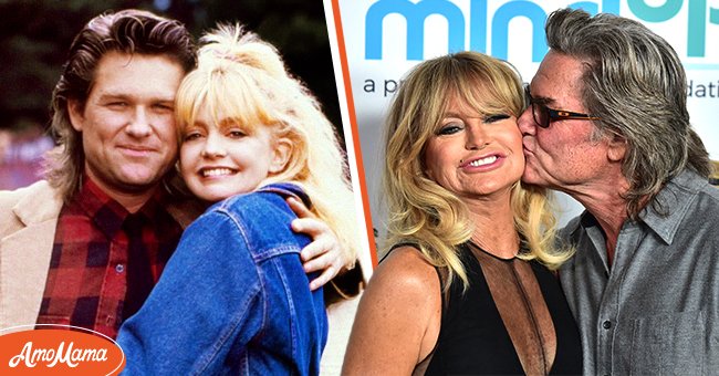 (L) Actors Goldie Hawn and Kurt Russell pose for a portrait while shooting the movie "Overboard", in October 1987 in Fort Bragg, California. (R) Goldie Hawn, Kurt Russell attend Goldie's Love In For Kids at Ron Burkle's Green Acres Estate on November 3, 2017 in Beverly Hills, California | Photo: Getty Images