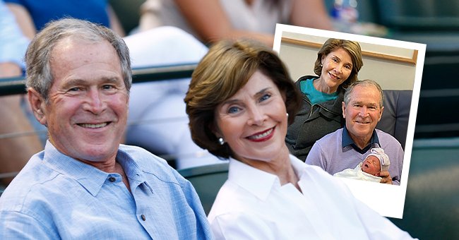 Former U.S. President George W. Bush and former First Lady Laura Bush attend the game between the Seattle Mariners and the Texas Rangers at Globe Life Park in Arlington on September 19, 2015 in Arlington, Texas, the next image shows the couple with their newborn granddaughter Cora at the hospital  | Photo: Getty Images and Instagram/@george.w.bush 