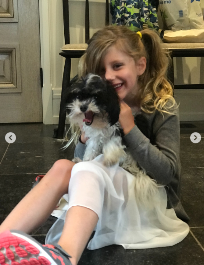 A young Vivian giggles as she holds a dog, as seen from a post dated December 5, 2025. | Source: Instagram/tombrady