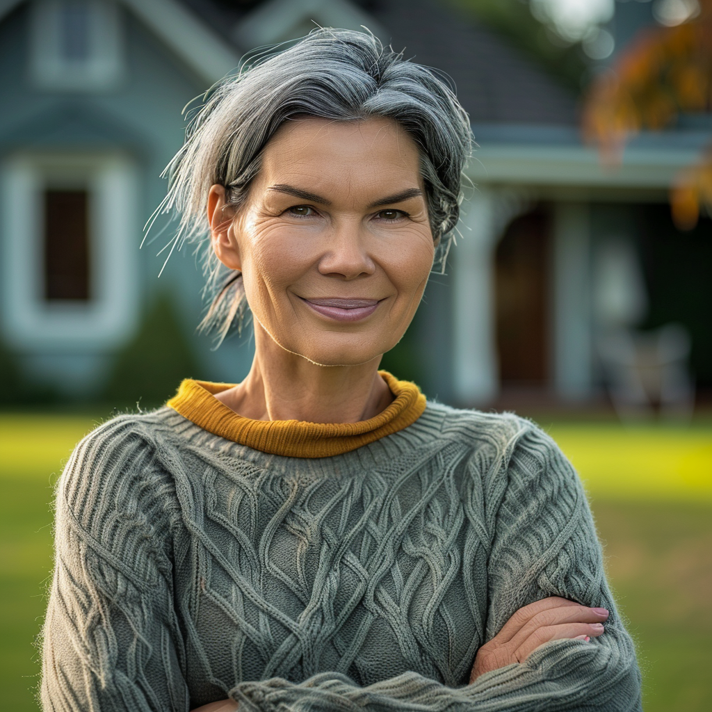 Woman with her arms crossed smiling outside her house | Source: Midjourney