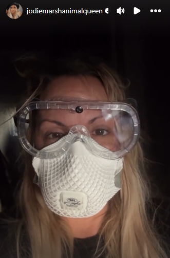 Jodie Marsh wore protective goggles and a face mask while navigating the smoke-damaged remains of her home during the cleanup effort. | Source: Instagram/jodiemarshanimalqueen